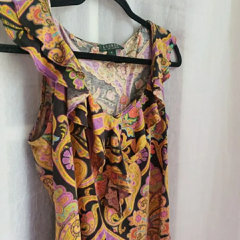 Ralph Lauren Colorful Paisley Sleeveless Top Drape Neck Cotton M - Picture 4 of 10